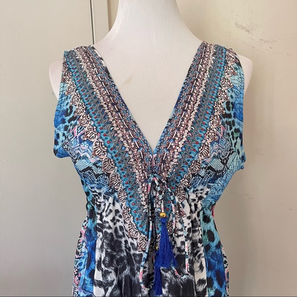 True Colours La Moda Blue Cat Hi Low Frill Maxi Cover Up Dress - Picture 10 of 11